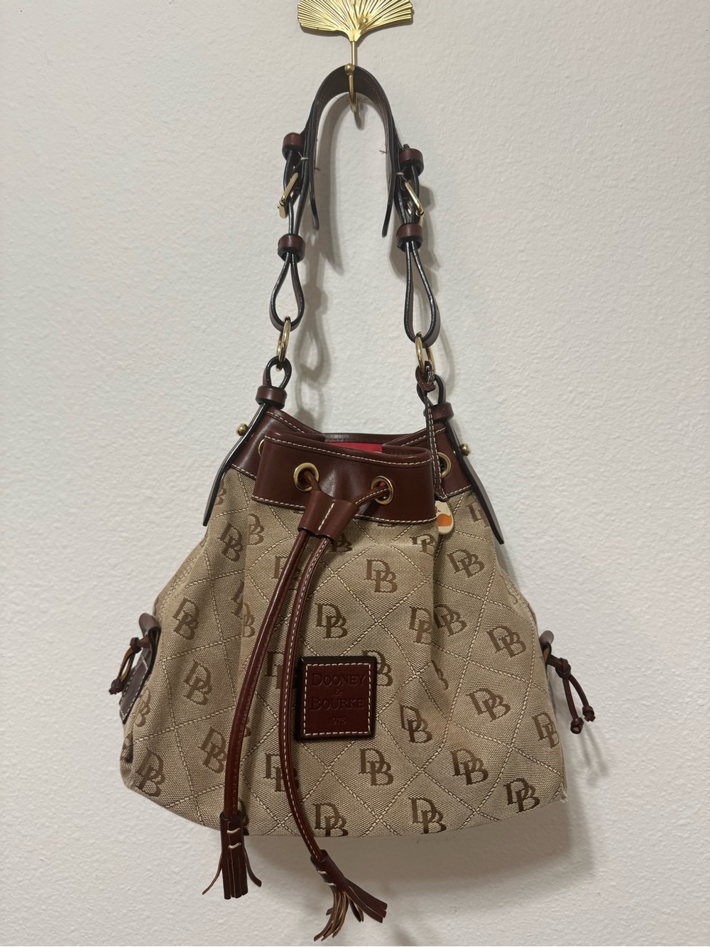 Dooney & Bourke Beige and Brown Quilted DB Drawstring Shoulder Bag